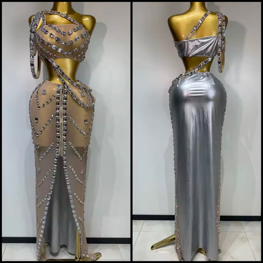 Sexy One Shoulder Sleeveless Crystal Two Piece Maxi Skirt Set