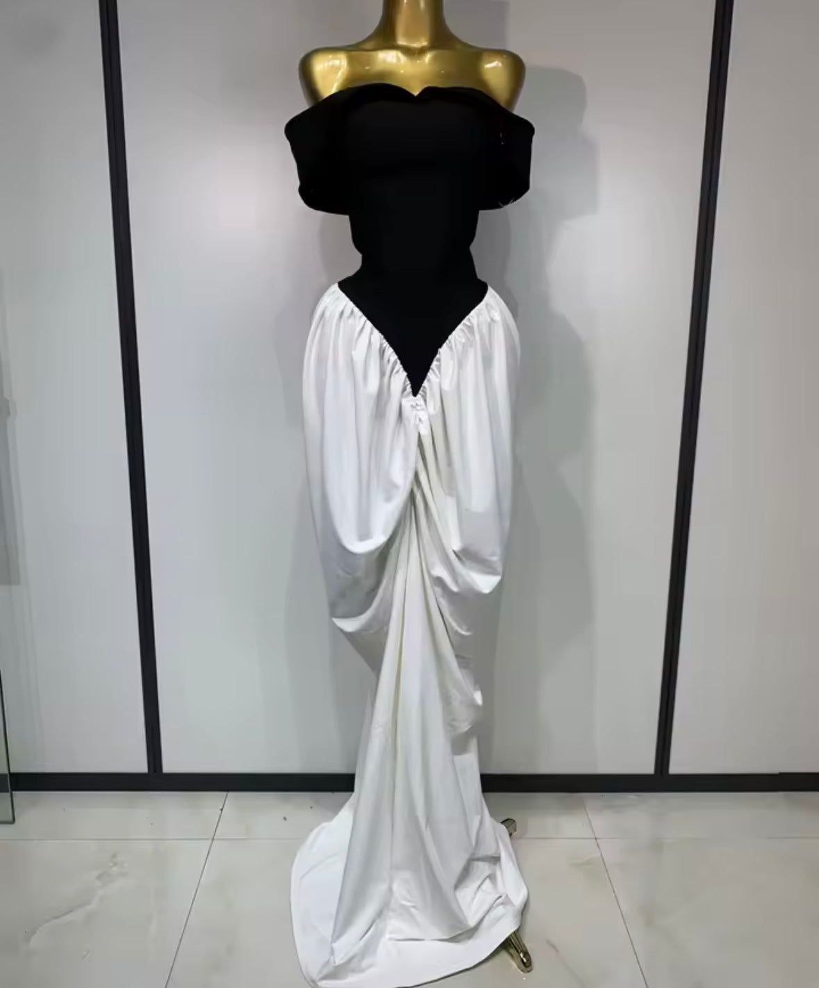 Elegant Off The Shoulder B&W Ruched Floor-Length Dress