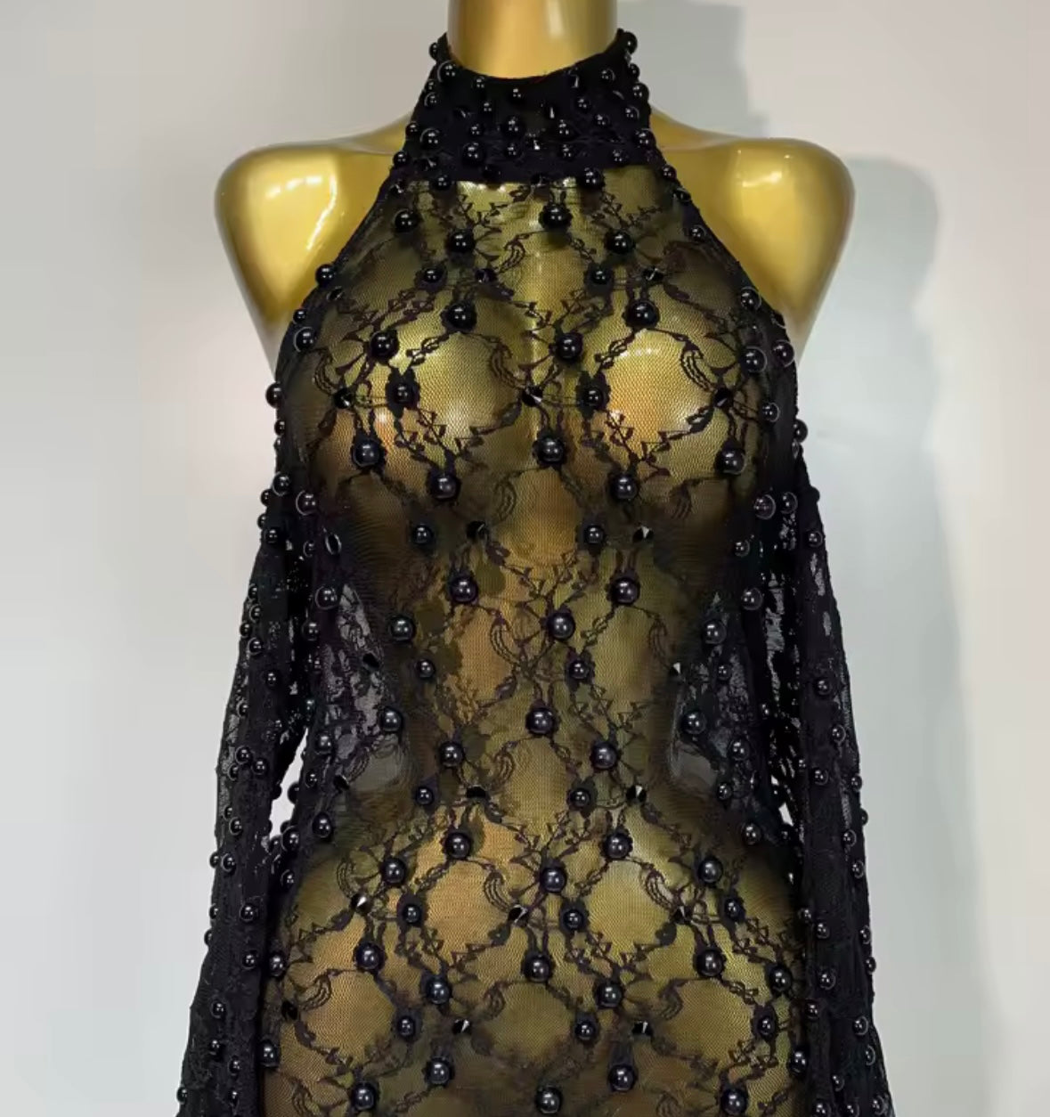Sexy Black Halter Sleeveless See Through Beaded Maxi Dress