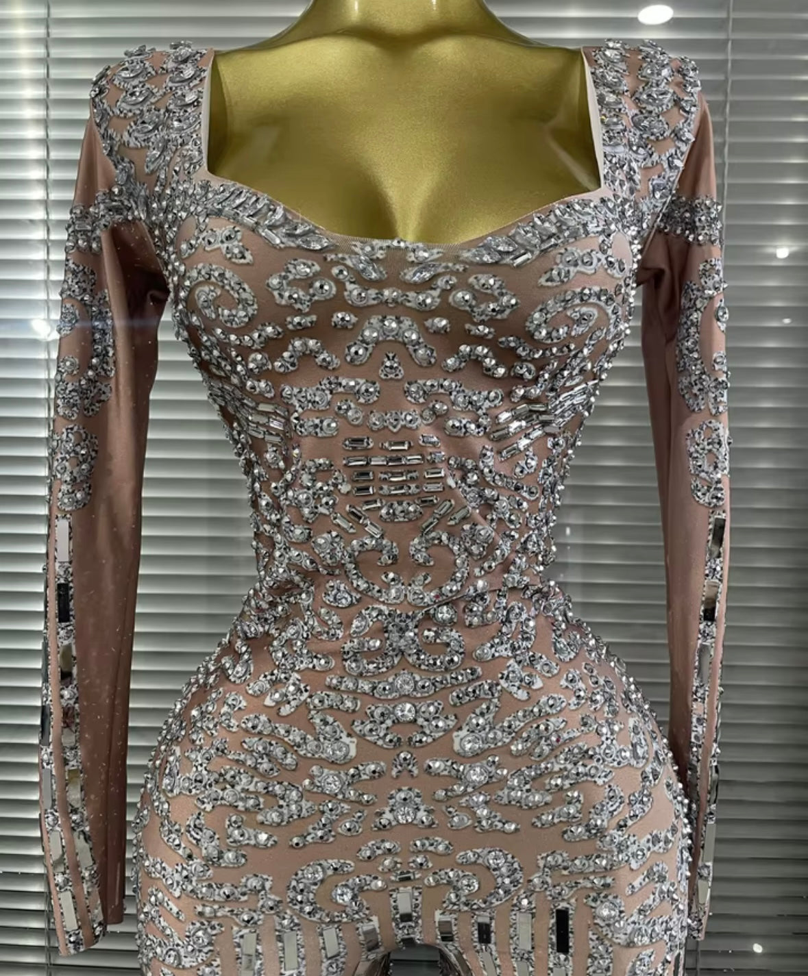 Elegant Rhinestone Mirror Full Sleeve Jumpsuit