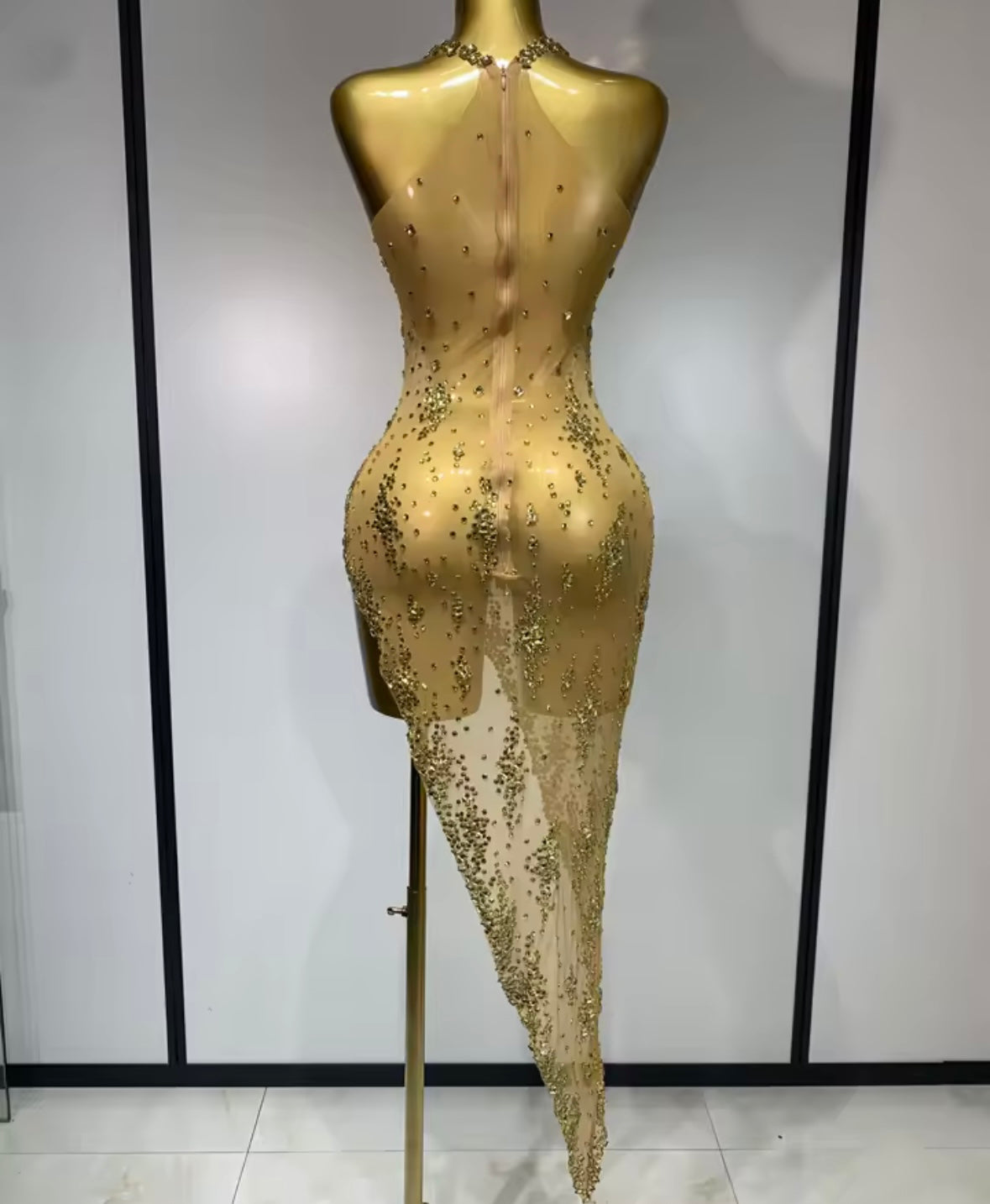 Sexy Sleeveless See Through Rhinestone Asymmetrical Dress