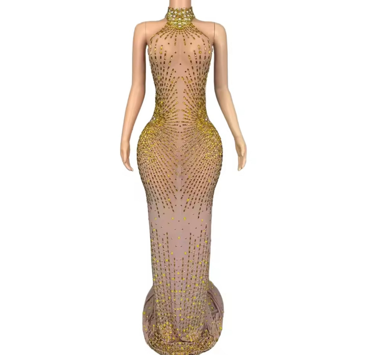 Sexy Halter Sleeveless Rhinestone Embellishment Side Split Maxi Dress