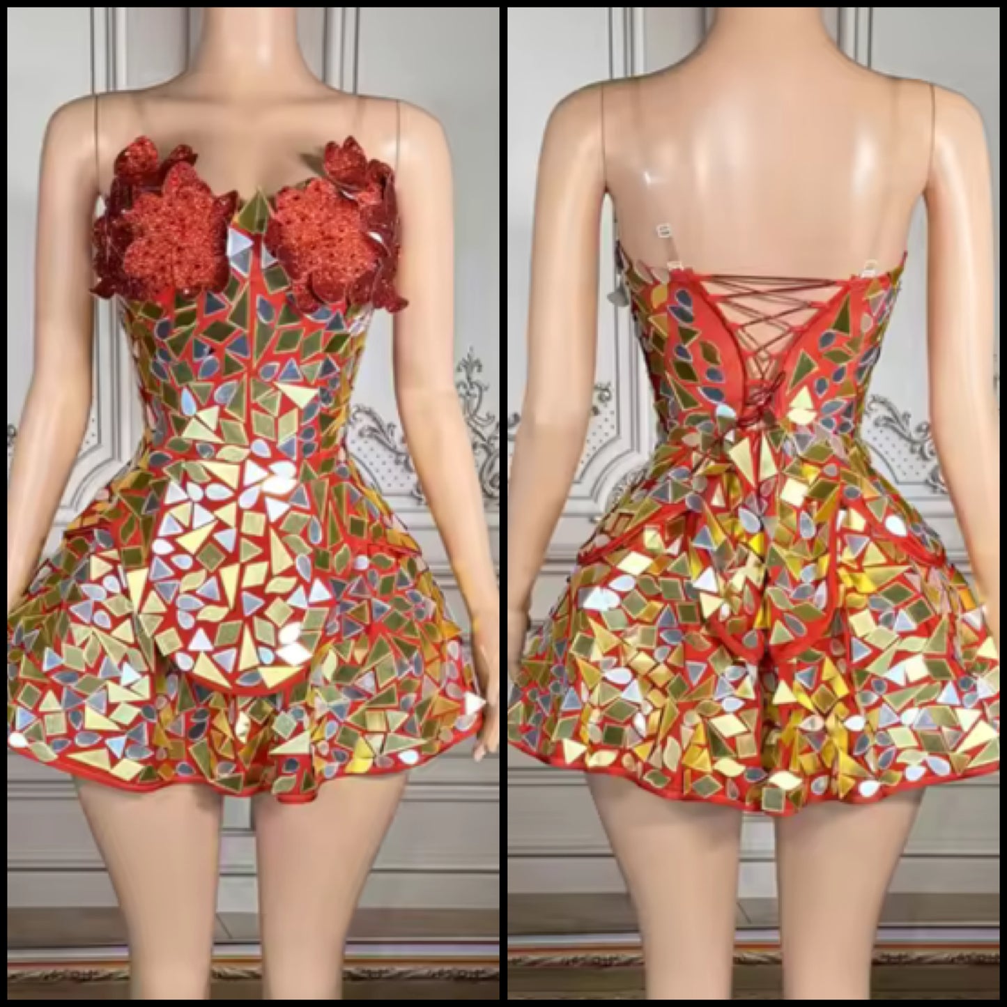Sexy Sleeveless Floral Mirror Corset Dress
