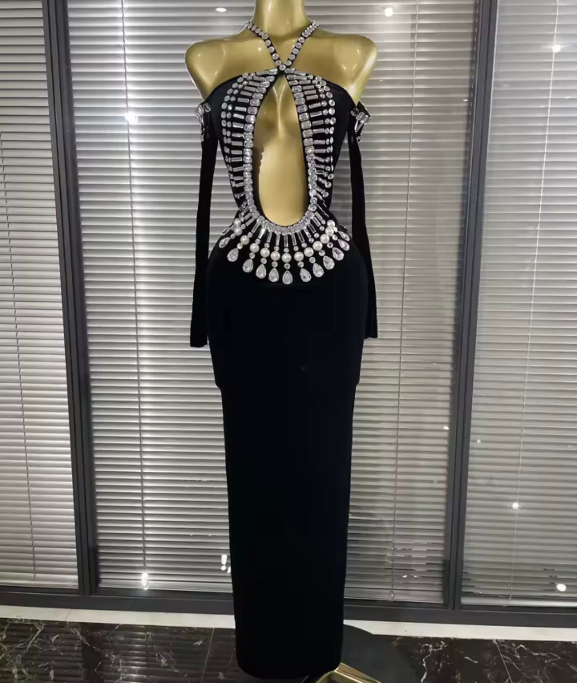 Black Rhinestone Embellishment Open Back Full Sleeve Maxi Dress