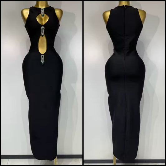 Black Sleeveless Crystal Tassel Hollow Out Maxi Dress
