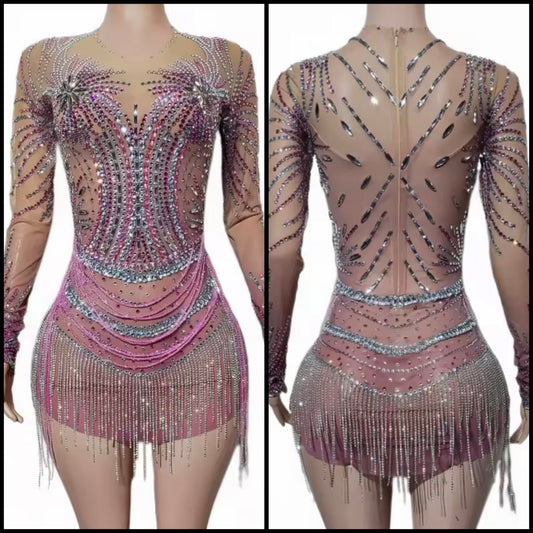 Sexy Multicolored Rhinestone Tassel Full Sleeve Short Dress