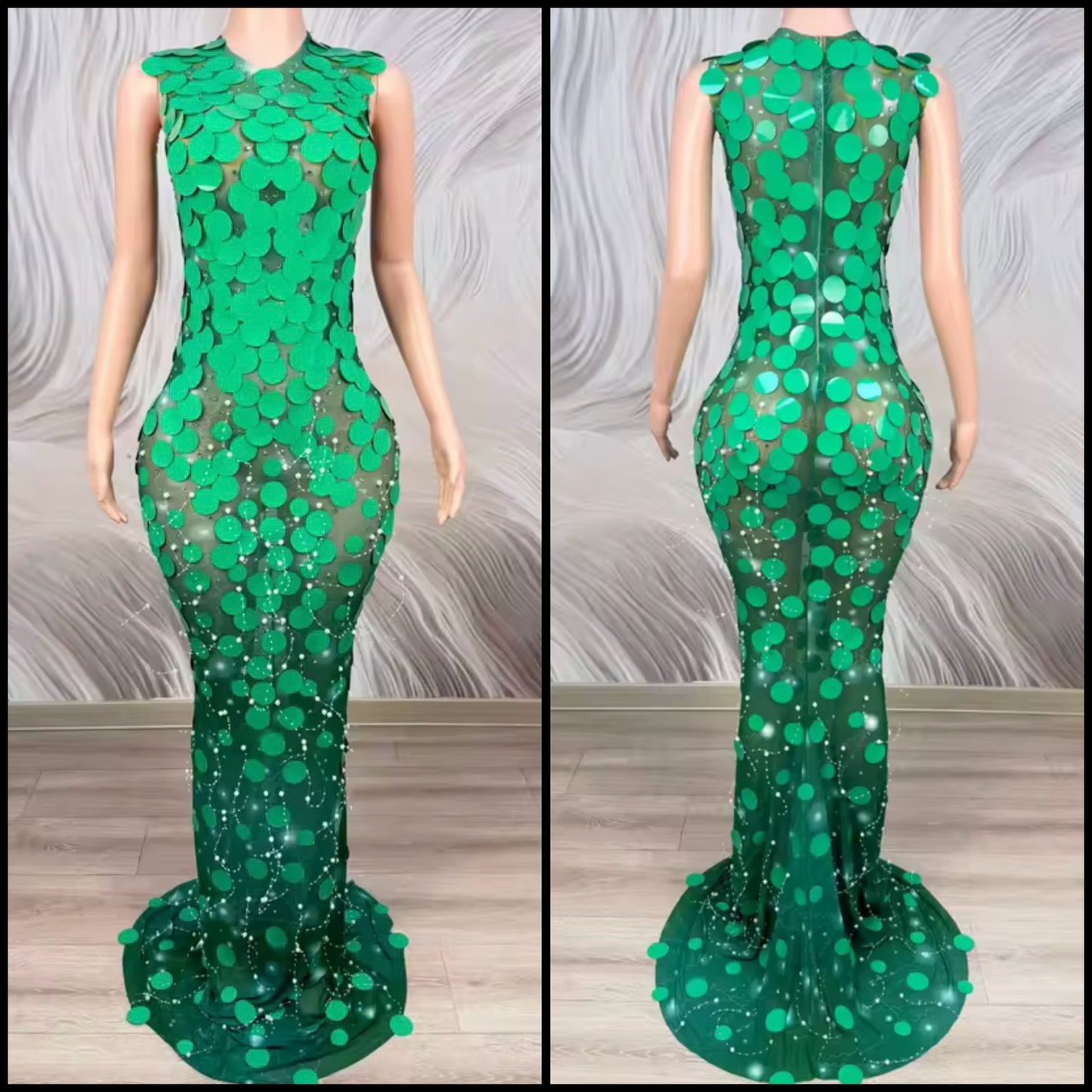 Green Sexy Sleeveless Round Sequins Mermaid Dress