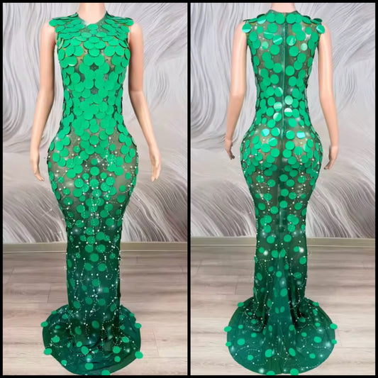 Green Sexy Sleeveless Round Sequins Mermaid Dress