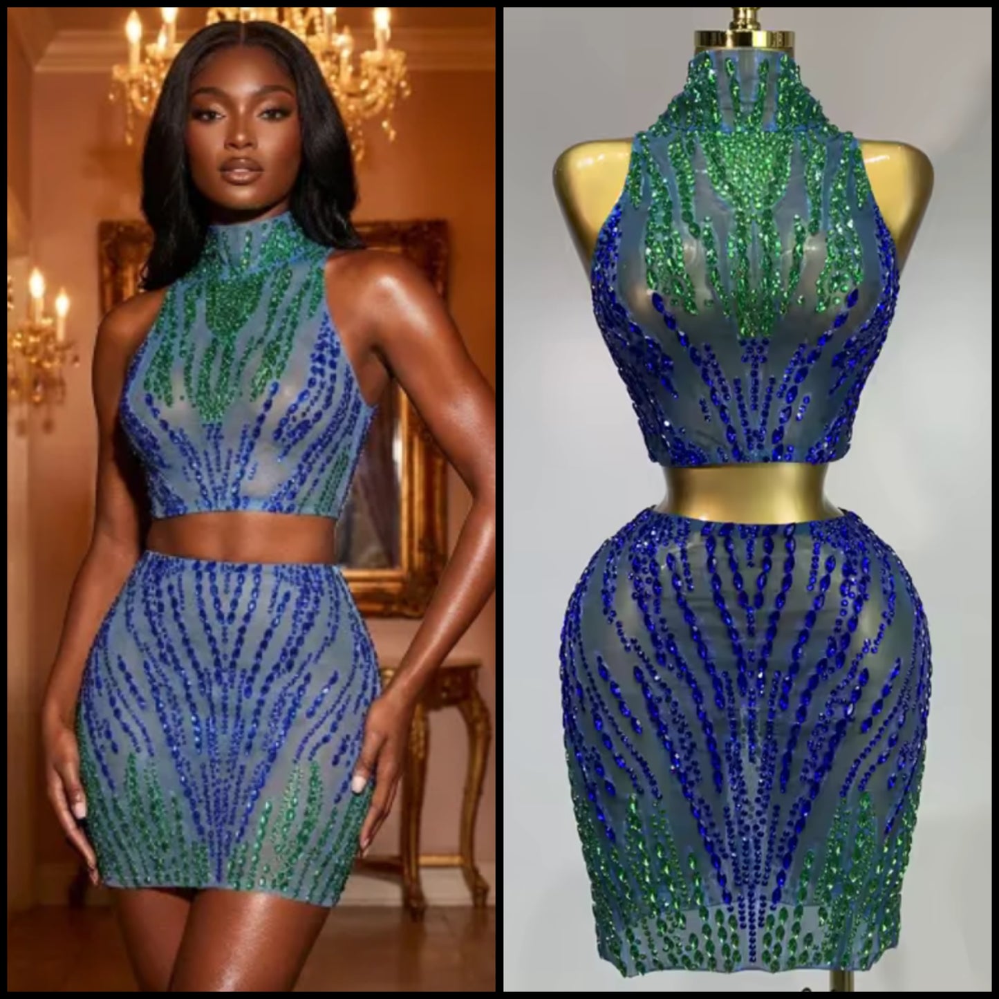Sexy Sleeveless Gradient Rhinestone Skirt Set