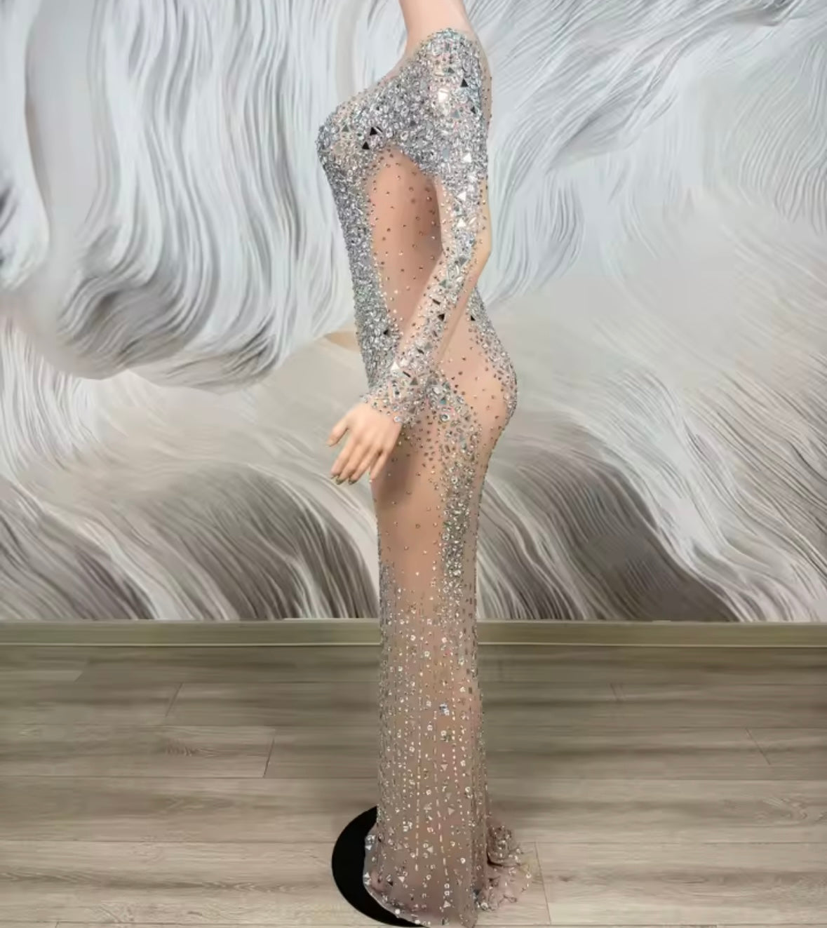 Sexy See Through Rhinestone Embellishment Floor-Length Dress