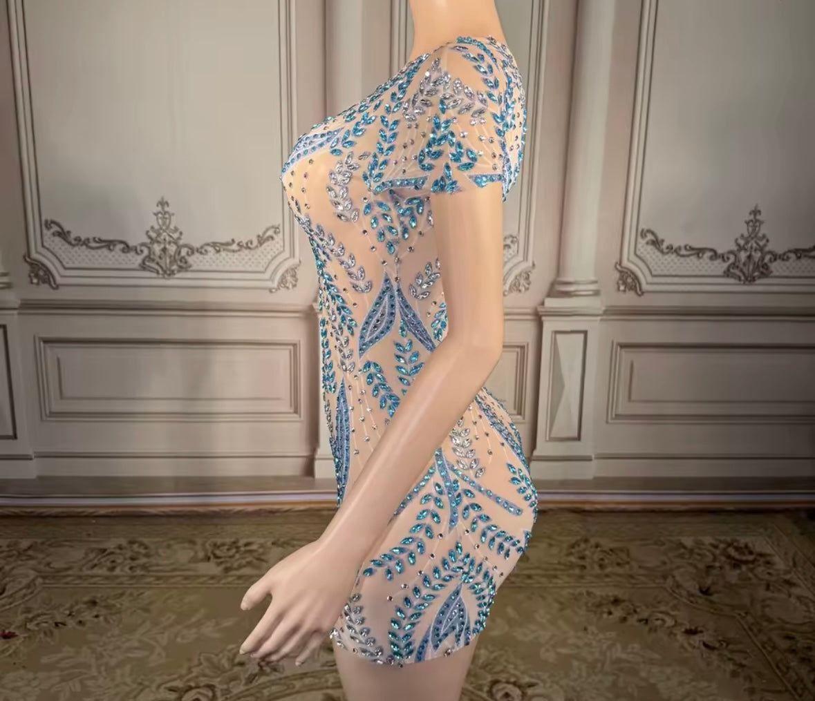 Sexy One Shoulder Rhinestone Embellishment See Through Dress