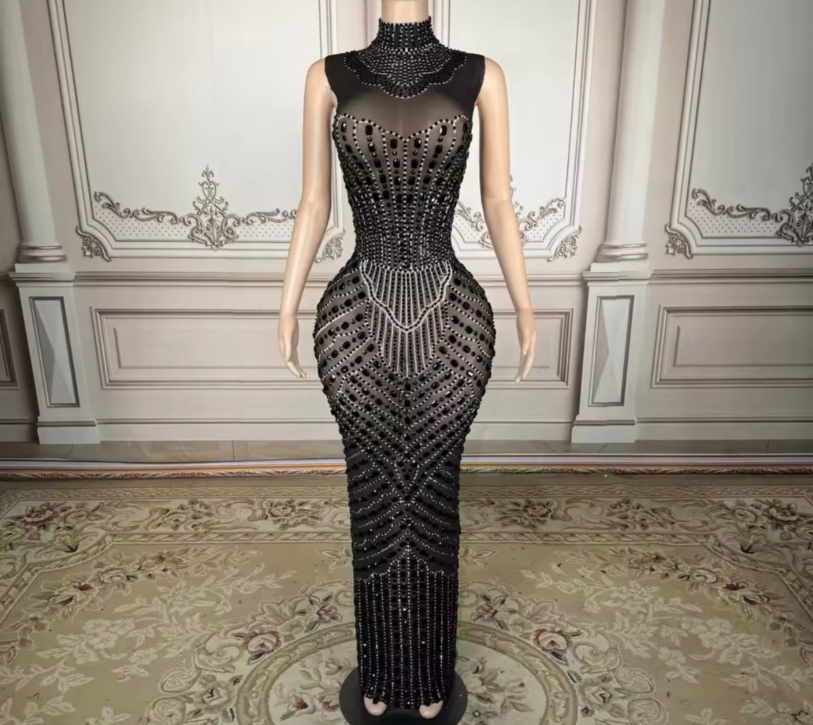 Sexy Sleeveless Black Rhinestone Embellishment Maxi Dress