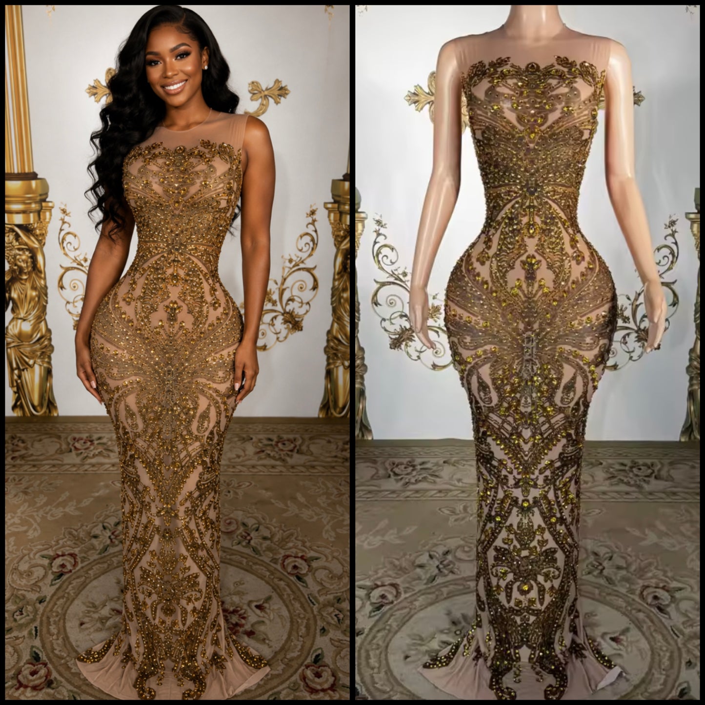 Sexy Sleeveless Gold Rhinestone Embellishment Maxi Dress