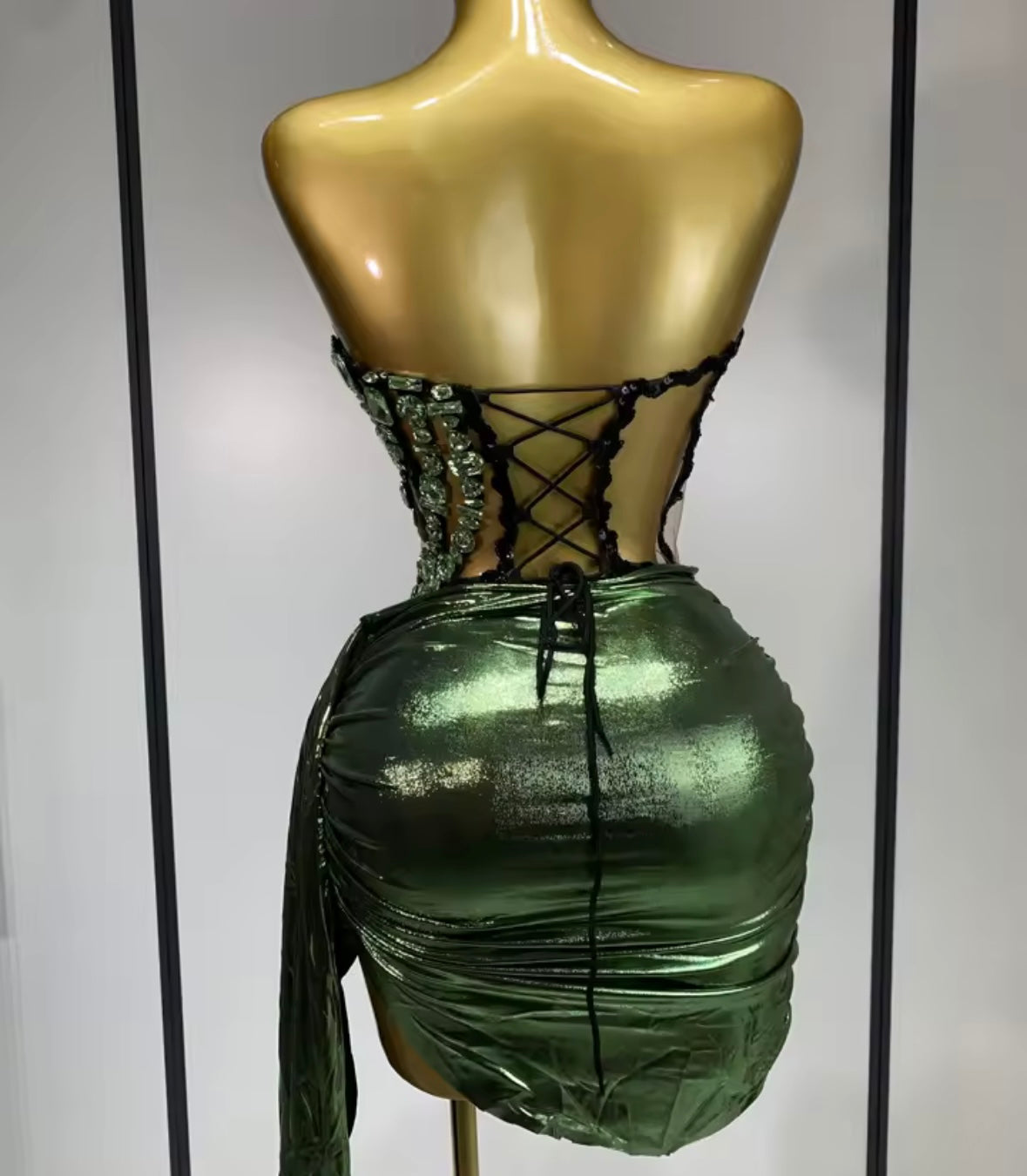 Crystal Strapless Sexy Mesh Corset Two Piece PU Skirt Set