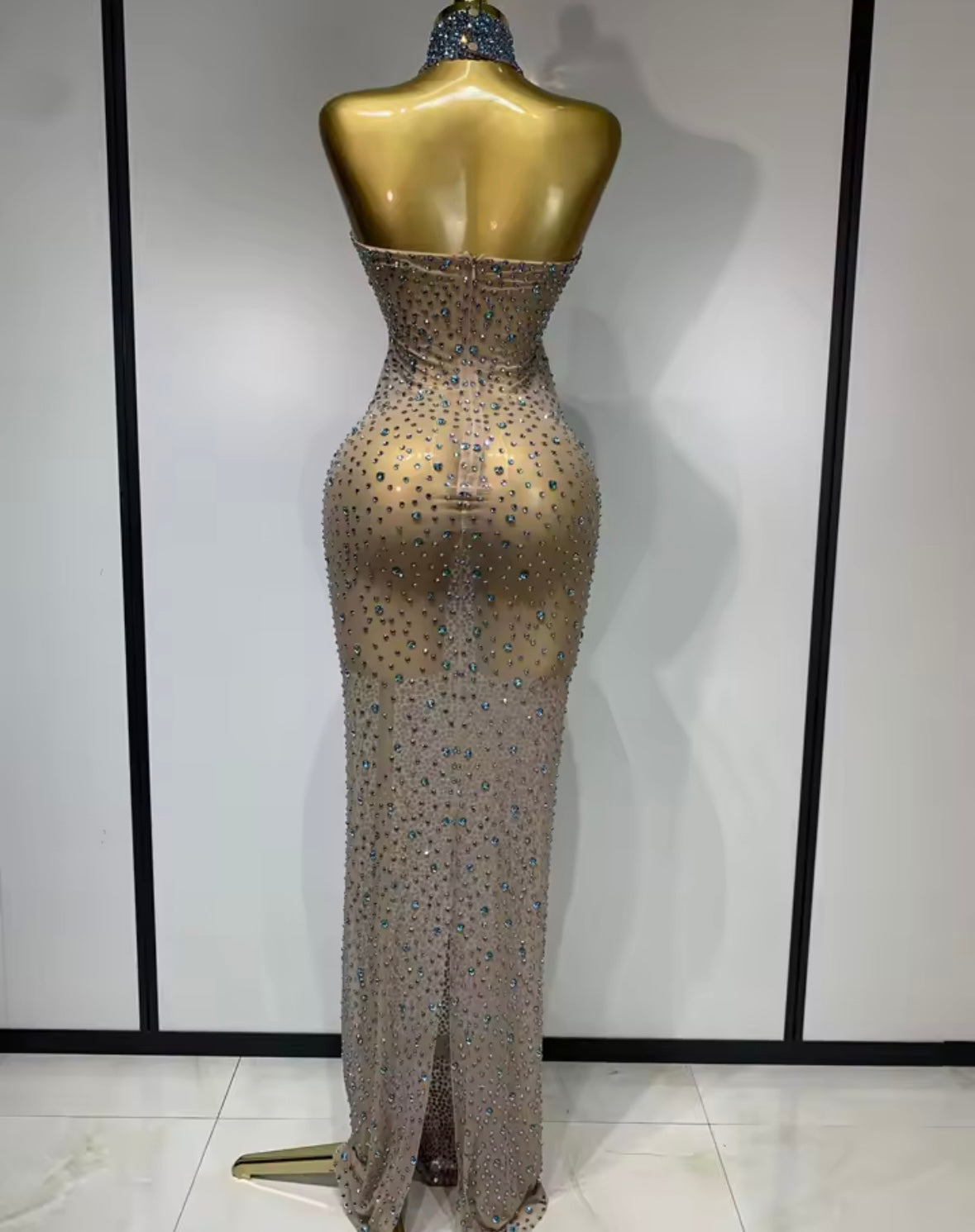 Sexy Sparkly Rhinestone Halter Sleeveless Maxi Dress