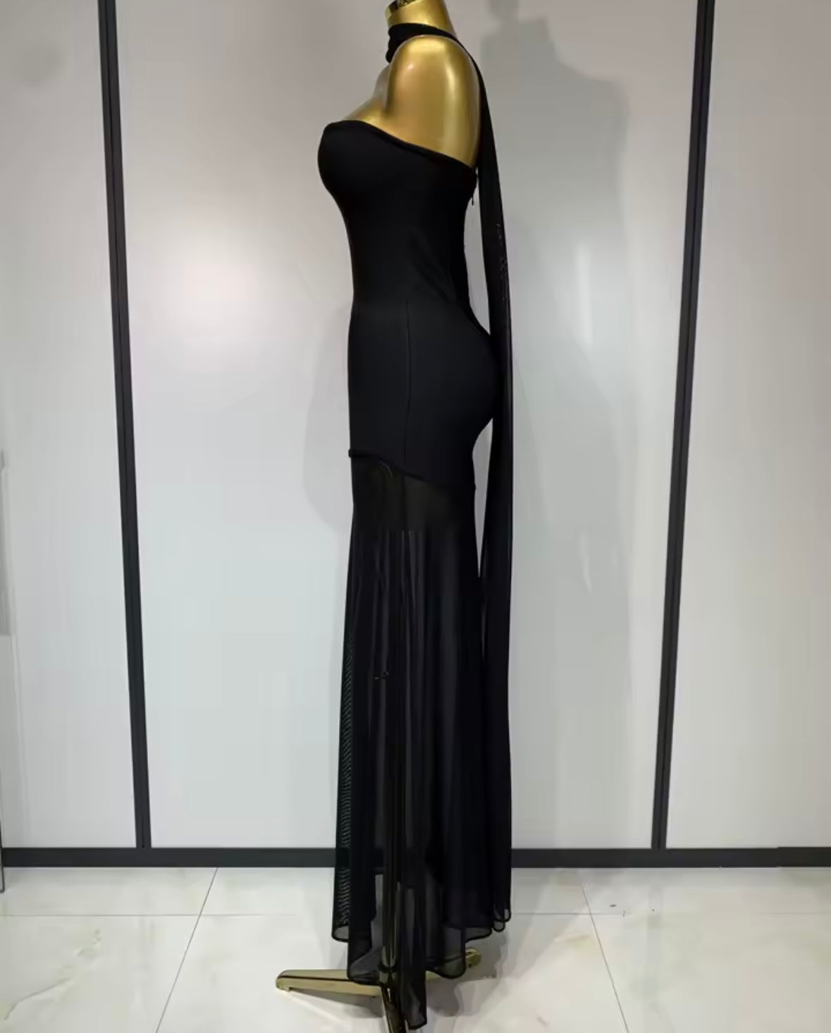 Scarf Strapless Mesh Patchwork Sexy Floor-Length Dress