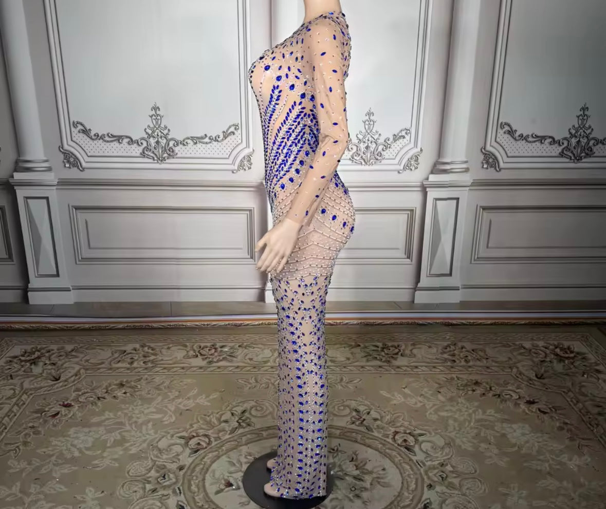 Blue Rhinestone Embellishment See Through Sexy Maxi Dress