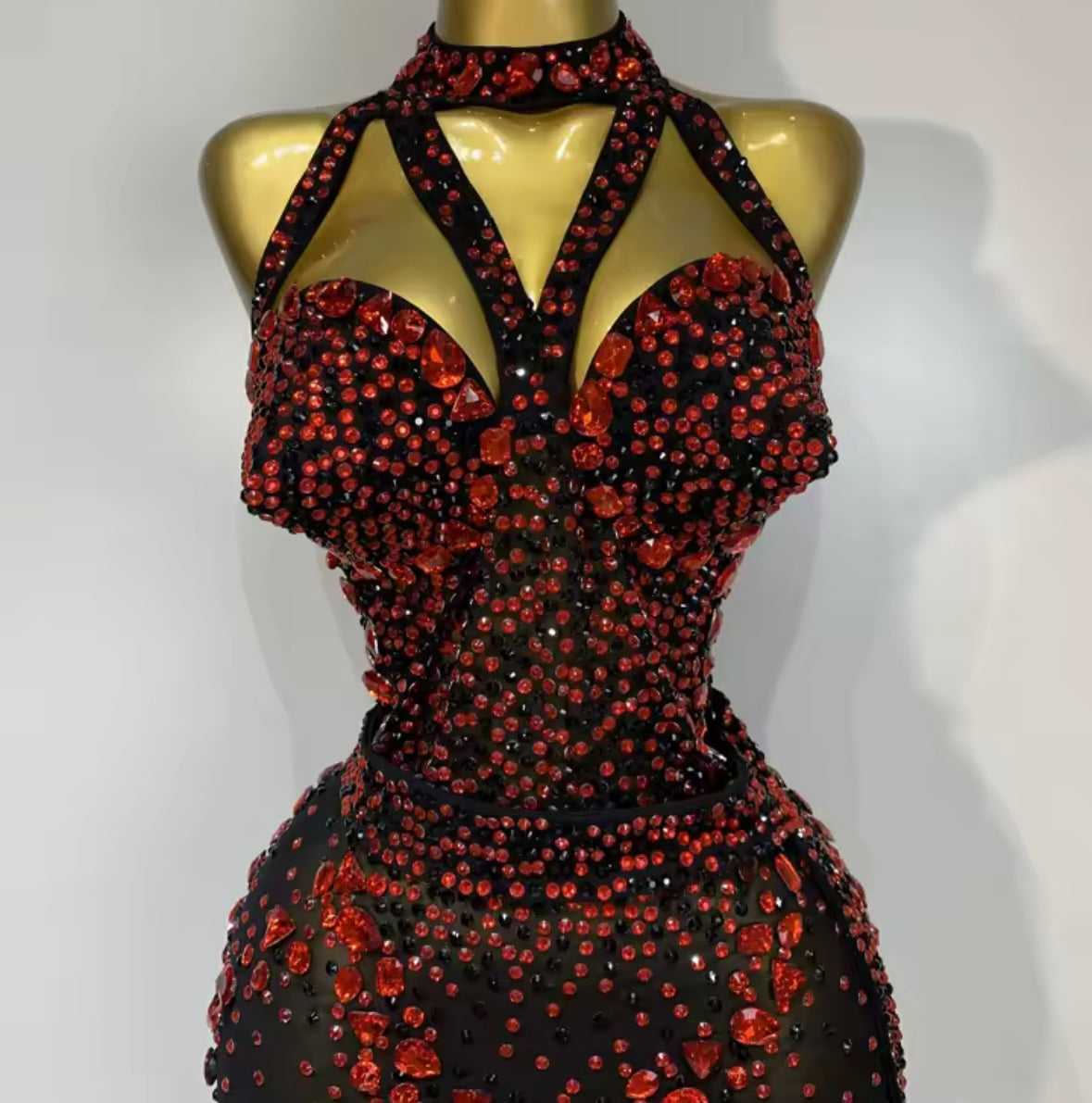 Black Sexy Halter Sleeveless Red Rhinestone See Through Jumpsuit