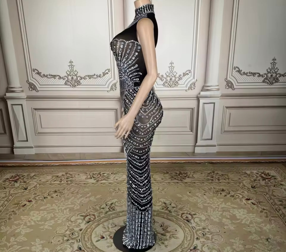 Sexy Sleeveless Black Rhinestone Embellishment Maxi Dress
