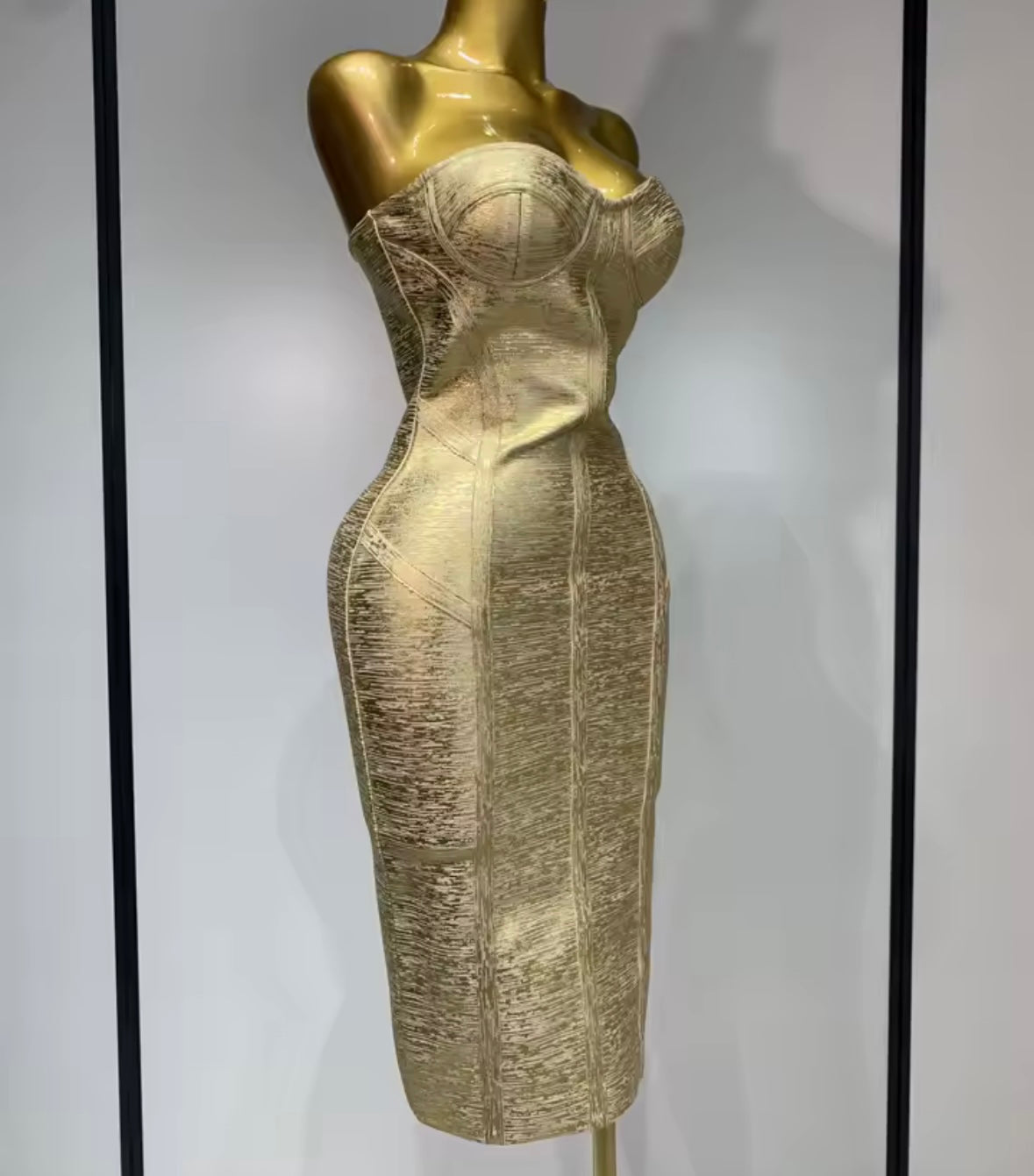 Gold Strapless Sexy Bandage Midi Dress