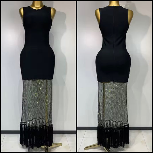 Black Sexy Sleeveless Sparkly Rhinestone Tassel Maxi Dress
