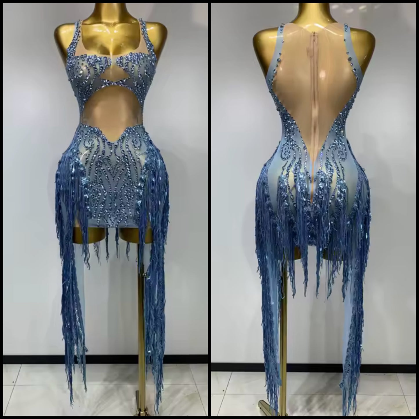 Blue Sleeveless Sequins Rhinestone Tassel Dress