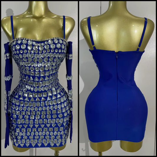 Blue Crystal Sleeveless Sexy Glove Dress