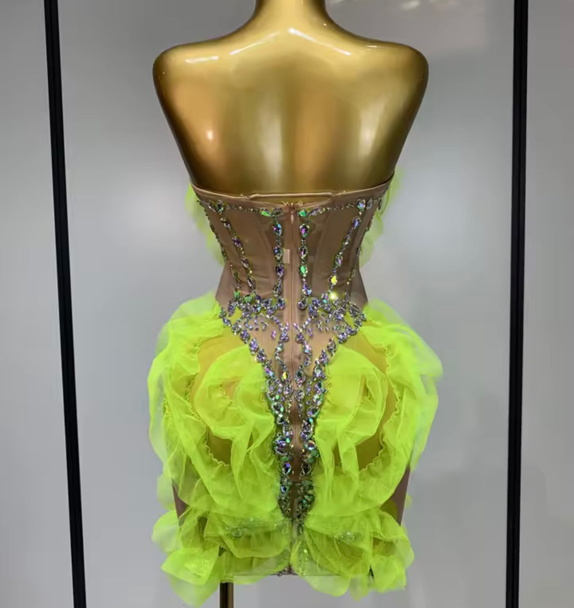 Sexy Strapless Rhinestone Ruffle See Through Dress