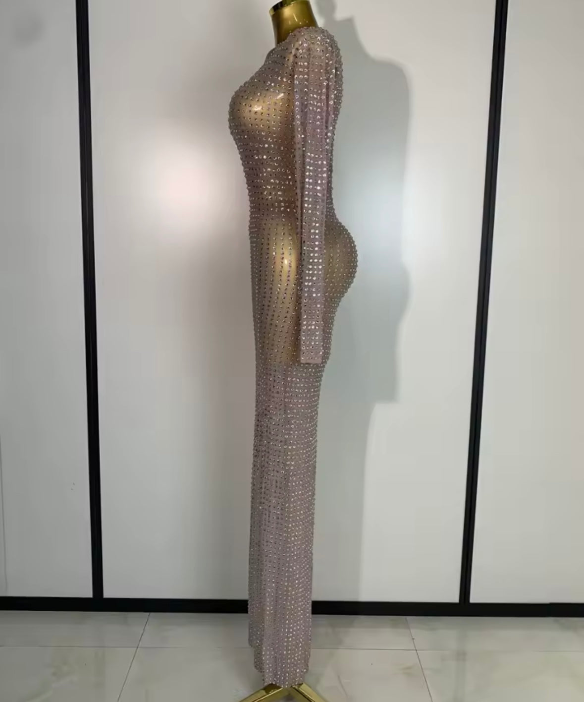Sexy See Through Full Sleeve Rhinestone Floor-Length Dress