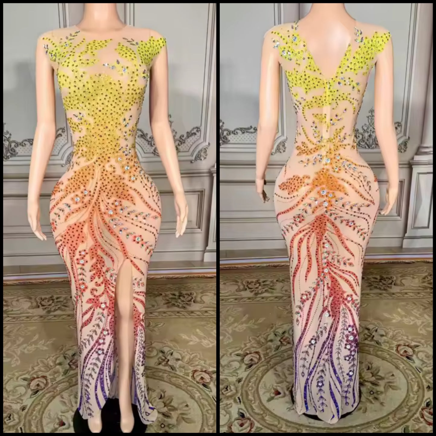 Sexy Sleeveless Multicolored Rhinestone Maxi Dress
