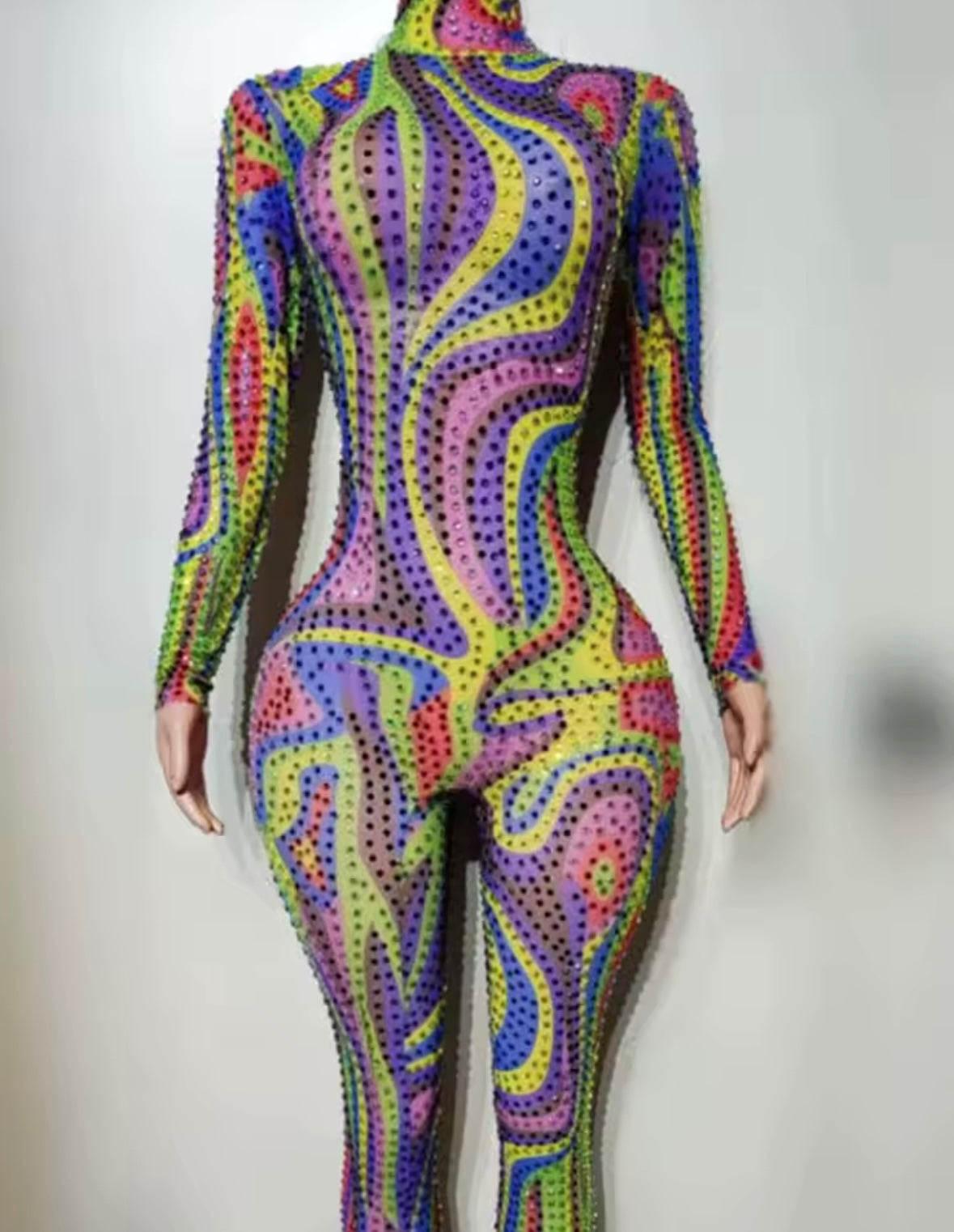 Sexy Multicolored Rhinestone Full Sleeve Jumpsuit