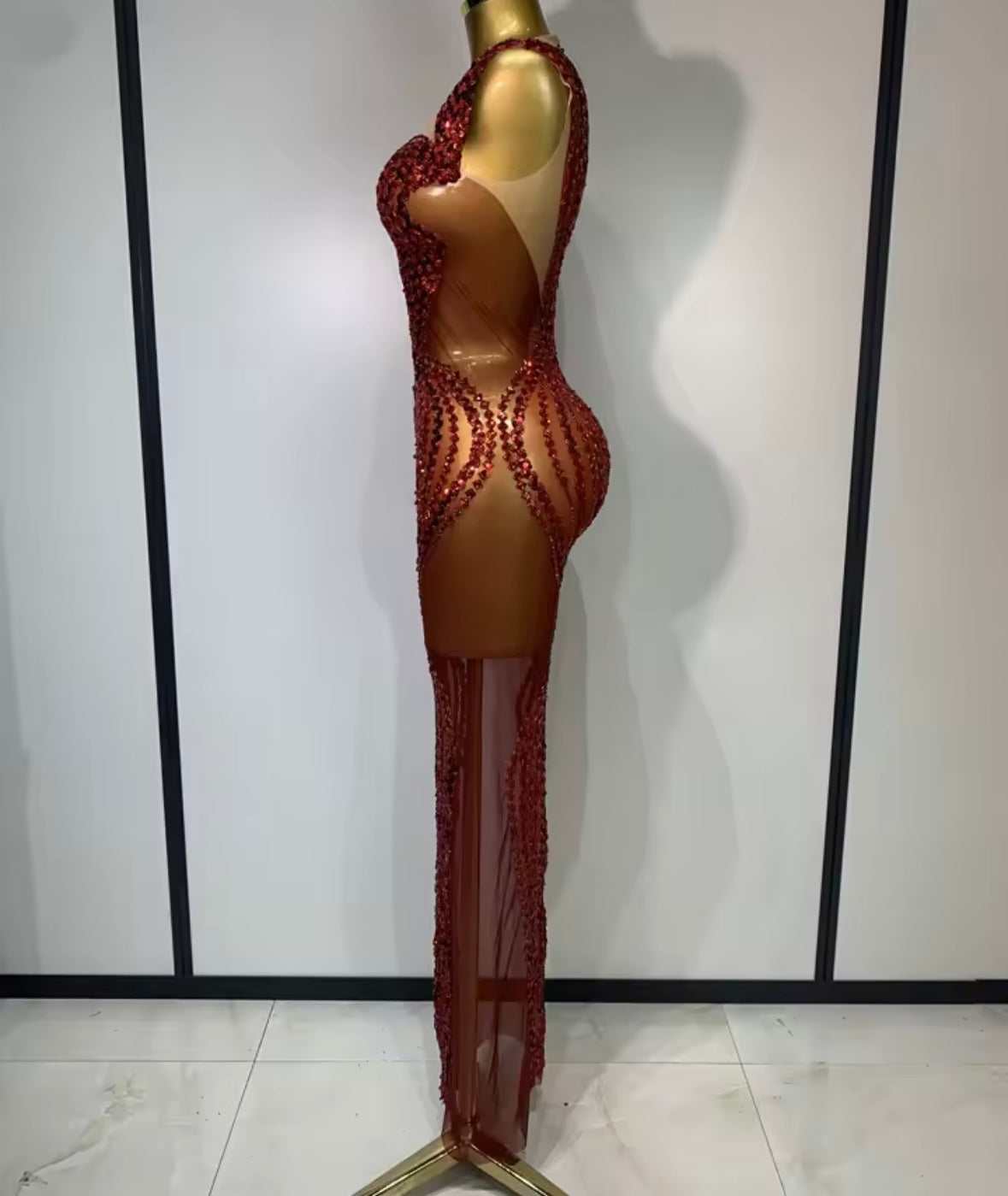 Red Sexy Sequins Sleeveless Floor-Length Dress