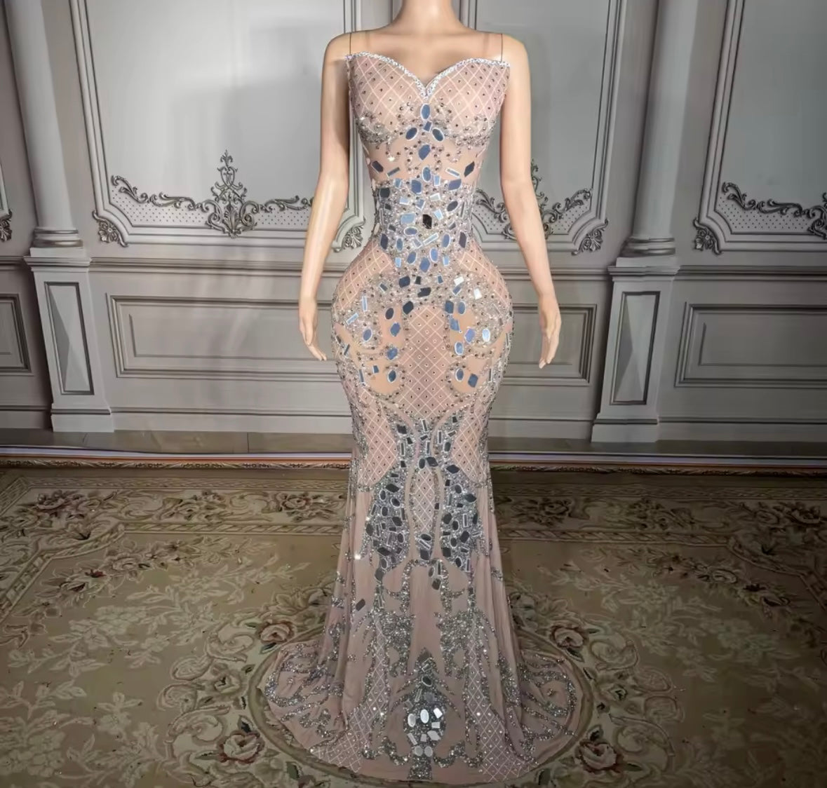 Sexy Sleeveless Mirror Rhinestone Mermaid Dress