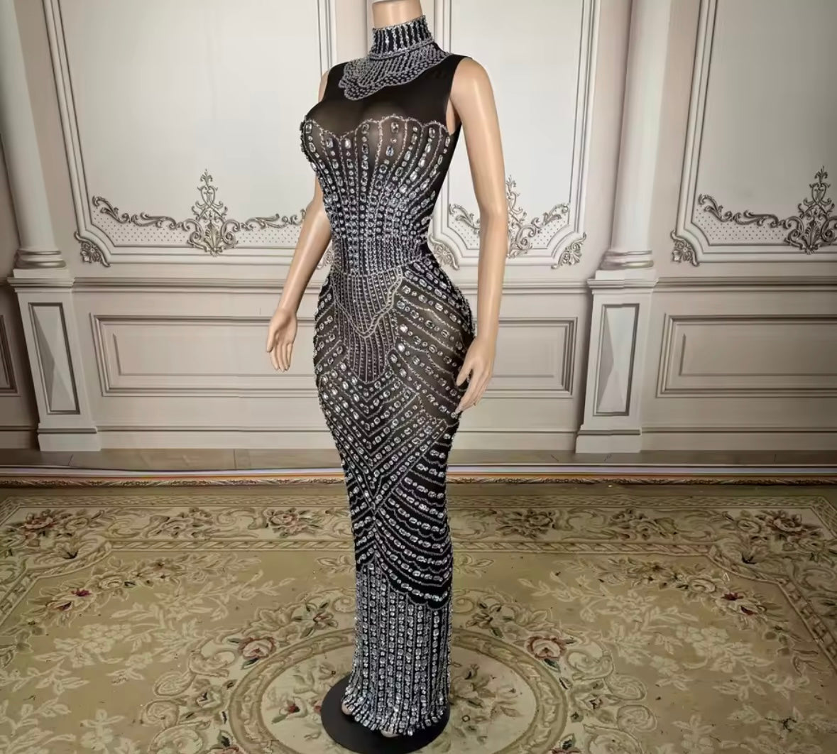 Sexy Sleeveless Black Rhinestone Embellishment Maxi Dress