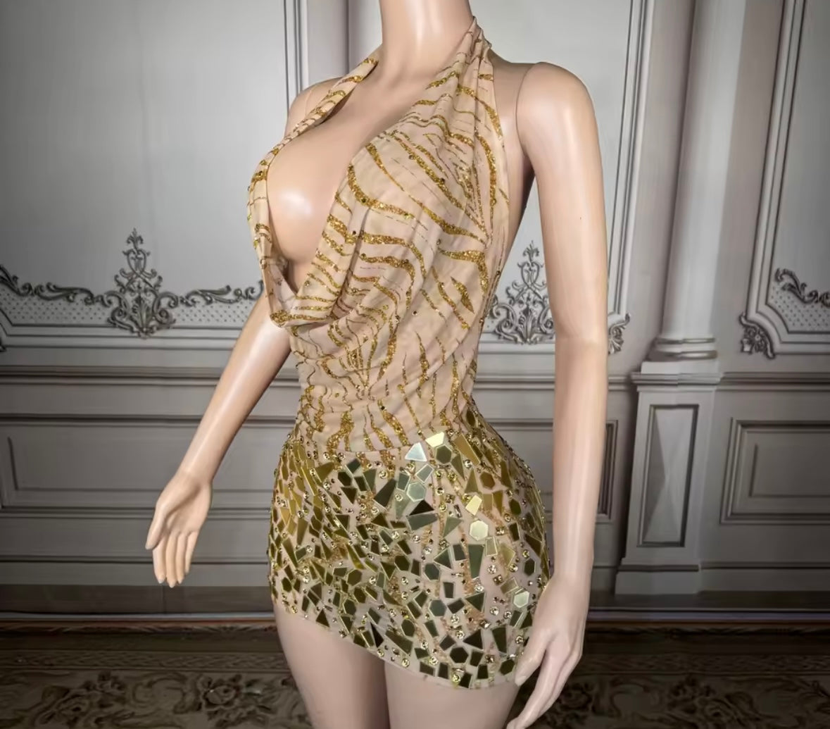 Sexy Halter Sleeveless Printed Mirror Short Dress