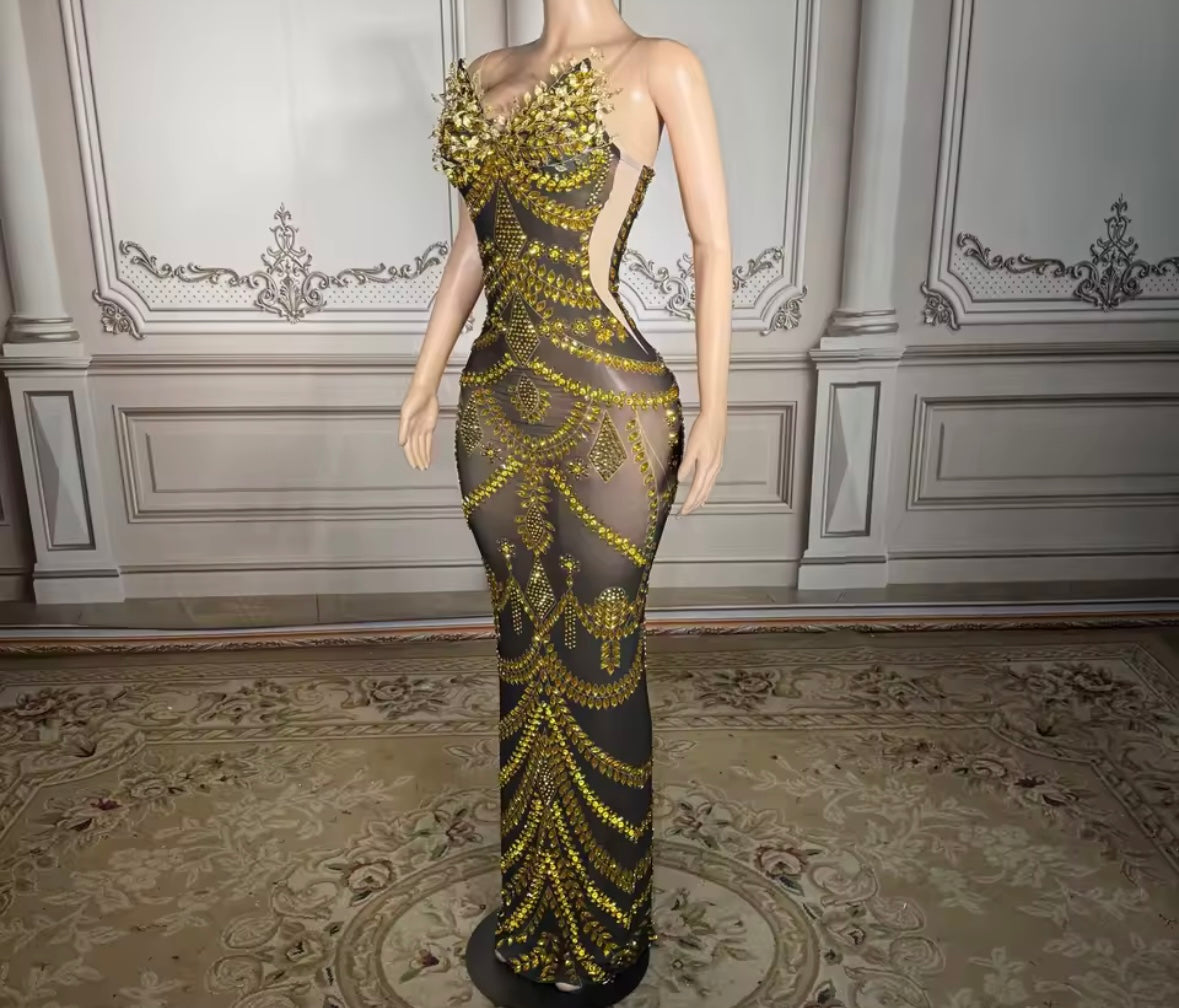 Black Sexy Sleeveless Gold Rhinestone Maxi Dress