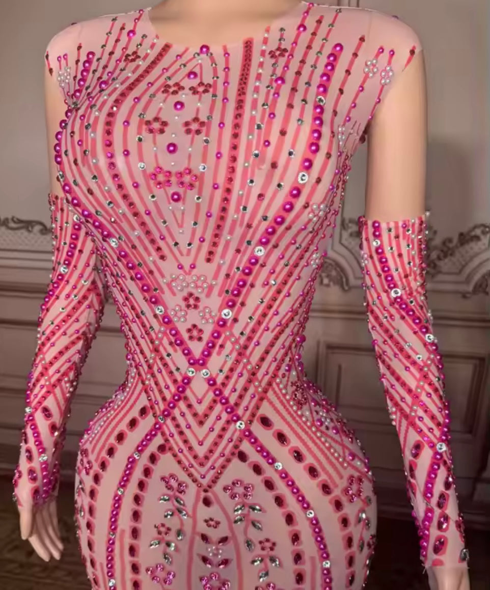 Elegant Pink Rhinestone Glove Sleeveless Maxi Dress