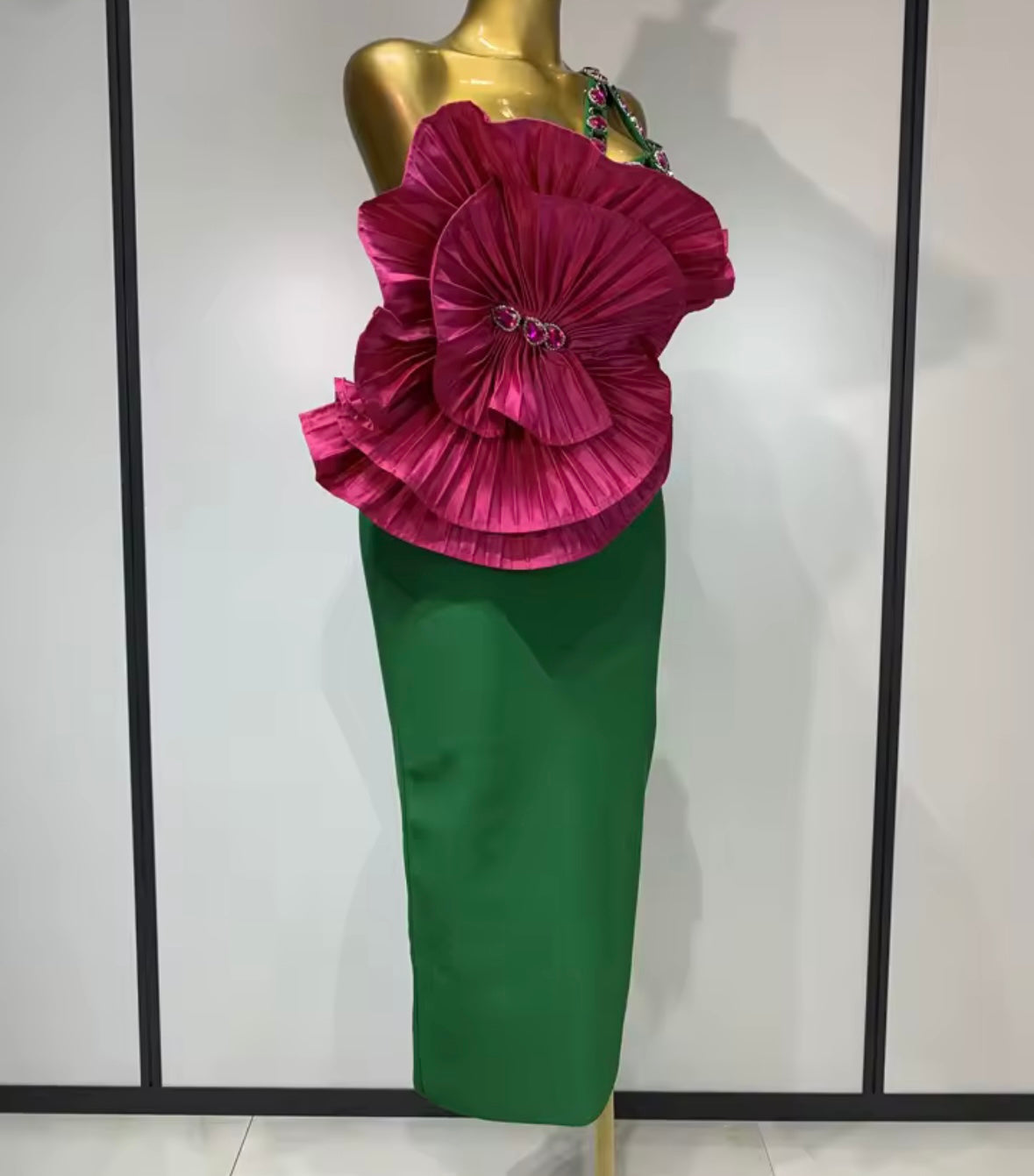 Green Elegant Crystal Floral Sleeveless Dress