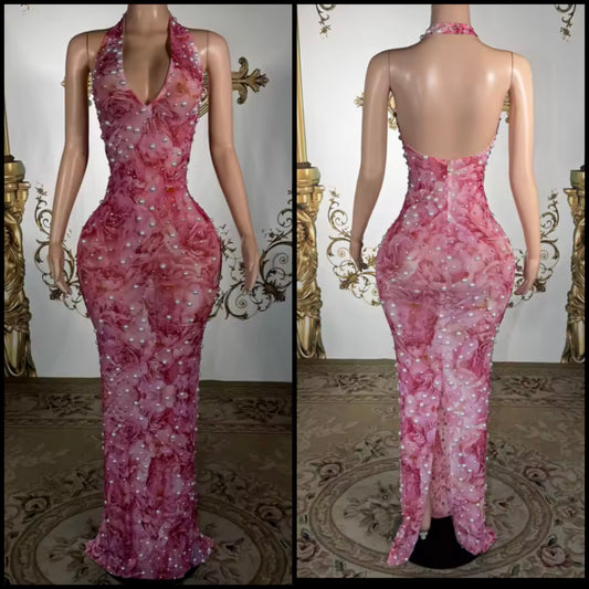 Sexy Halter Sleeveless Rhinestone Pearl Floral Maxi Dress