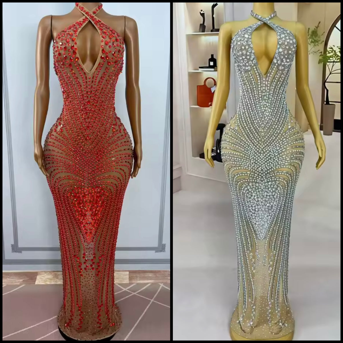 Sexy Halter Sleeveless Rhinestone Embellishment Maxi Dress