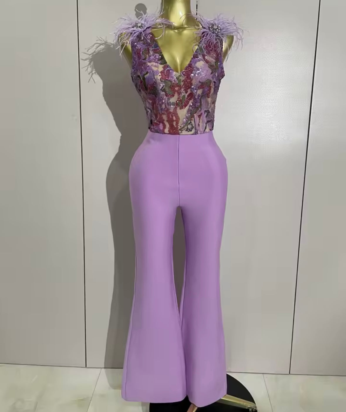 Sleeveless Sequins Feather Lavender Jumpsuit