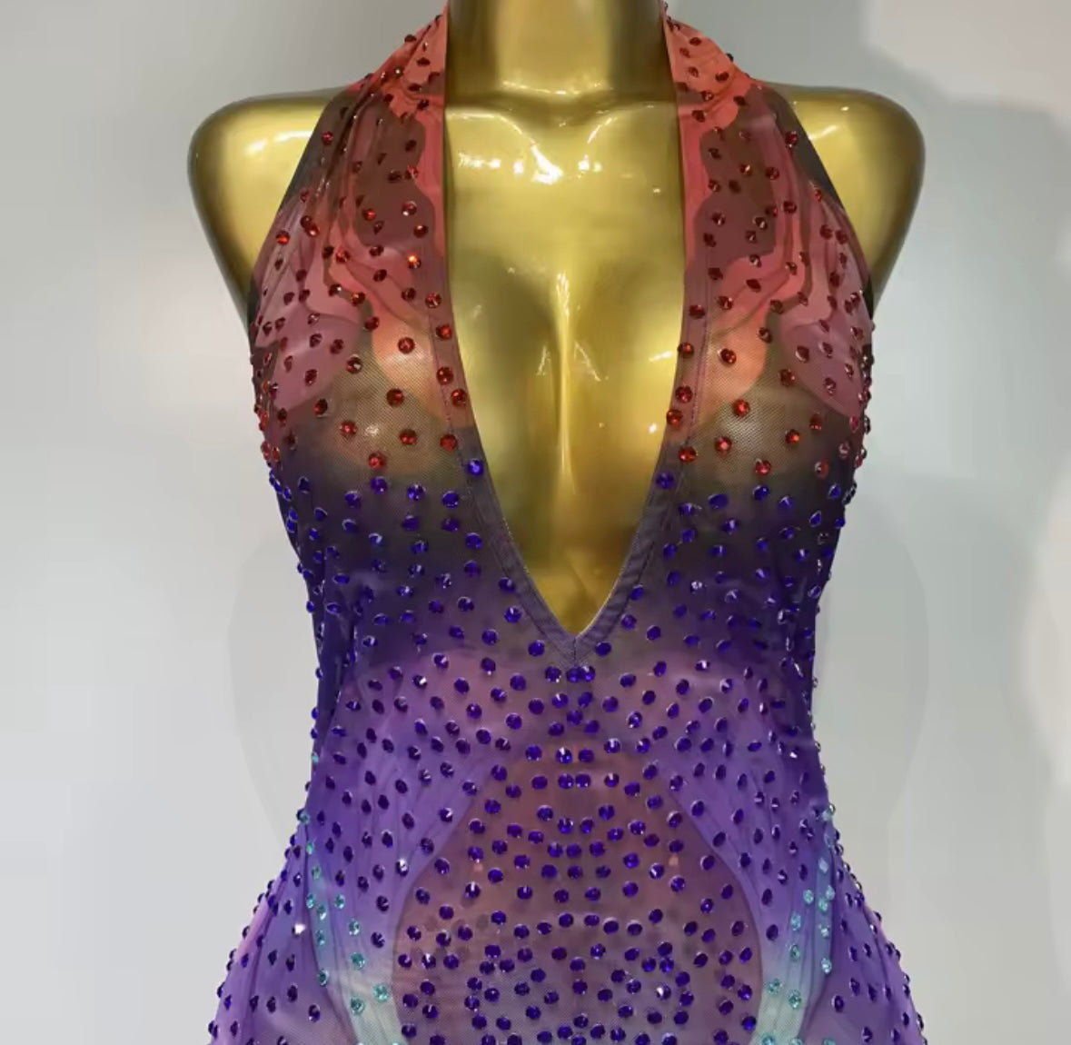 Halter Open Back See Through Colorful Rhinestone Jumpsuit