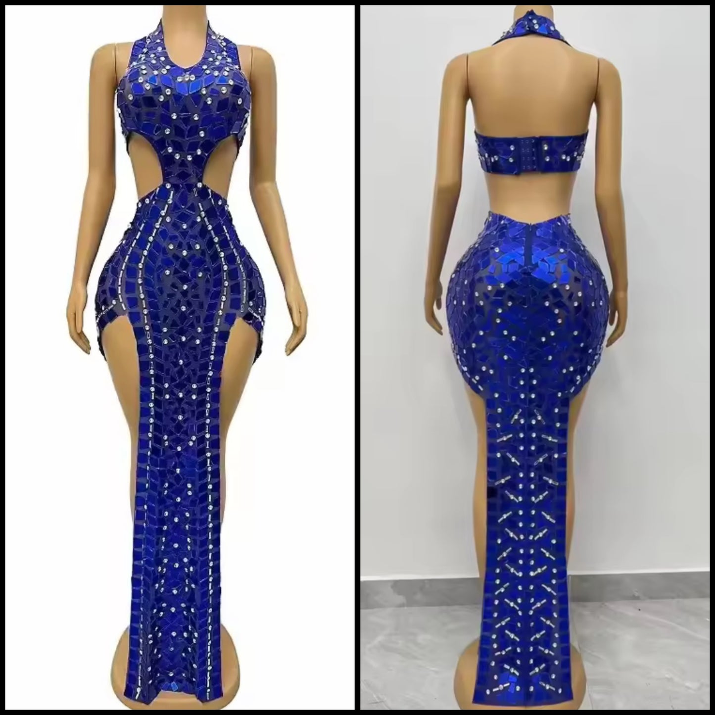 Blue Halter Open Back Sleeveless Mirror Rhinestone Maxi Dress