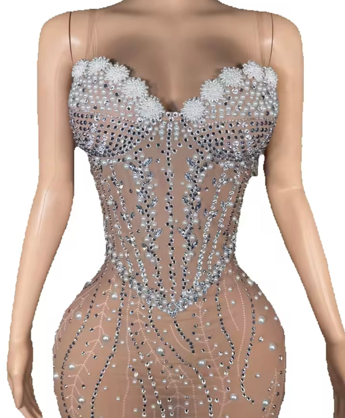 Sexy Sleeveless Beaded Rhinestone See Through Maxi Dress