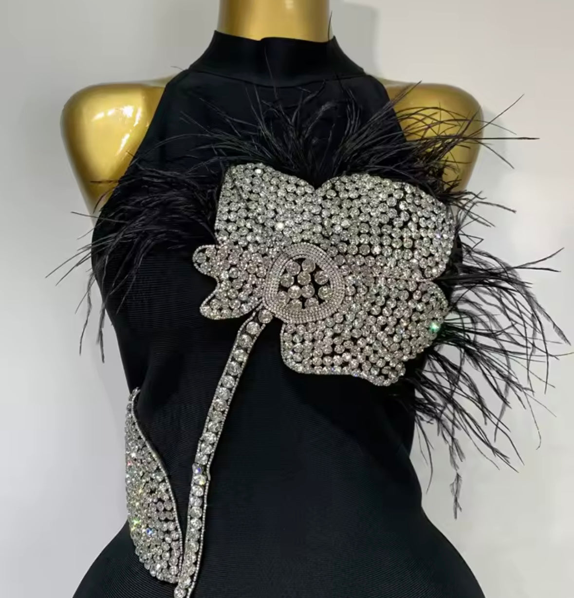 Black Sexy Rhinestone Floral Embellishment Sleeveless Dress