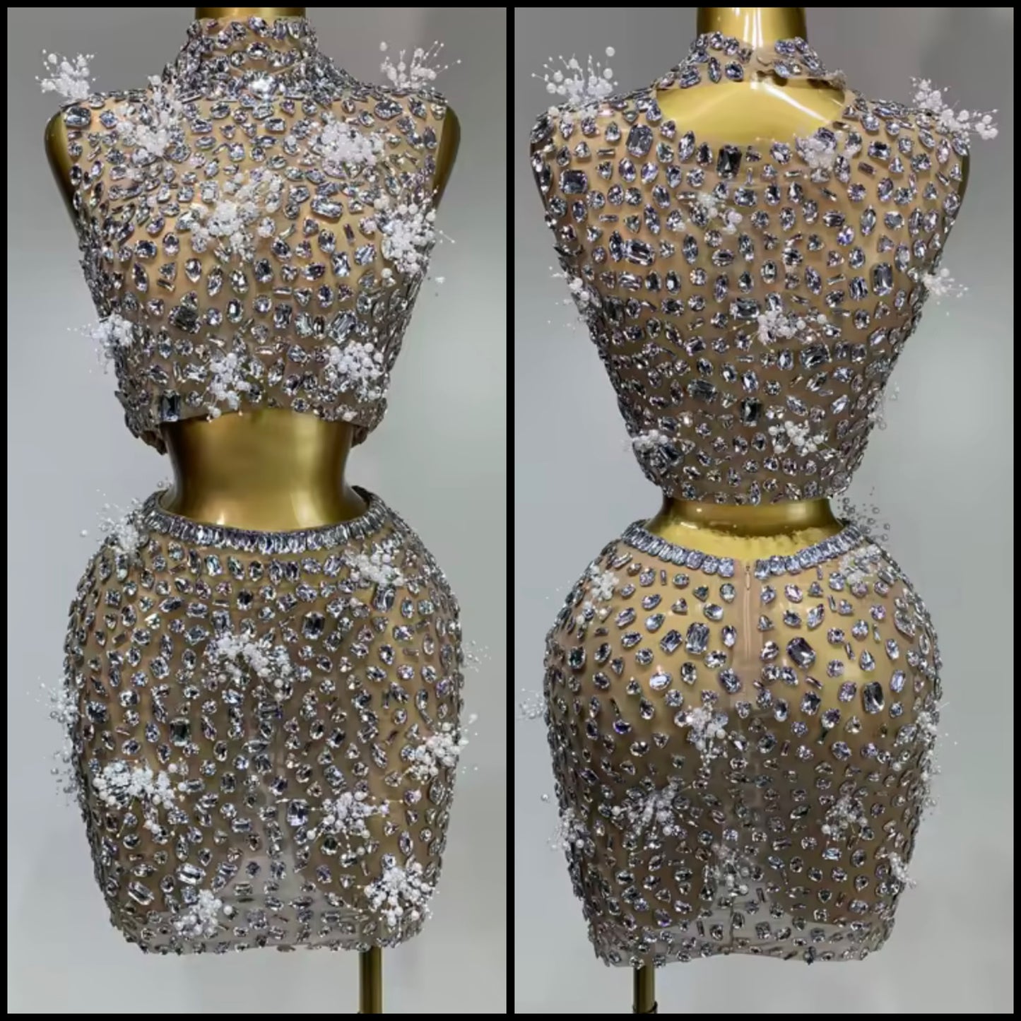 Sleeveless Crystal Rhinestone Sexy Mesh Two Piece Skirt Set