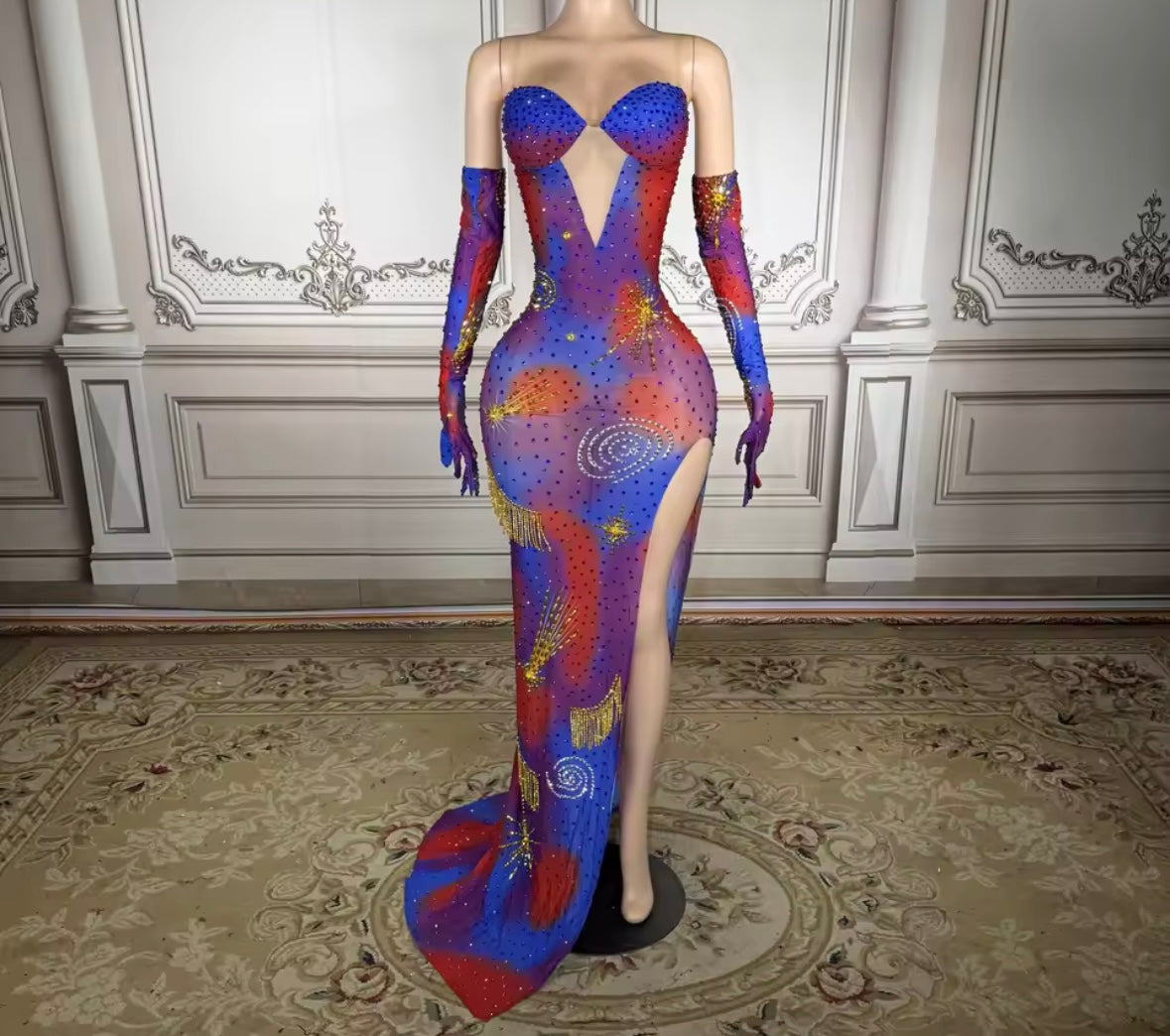 Women Sexy Sleeveless Printed Glove Side Split Maxi Dress
