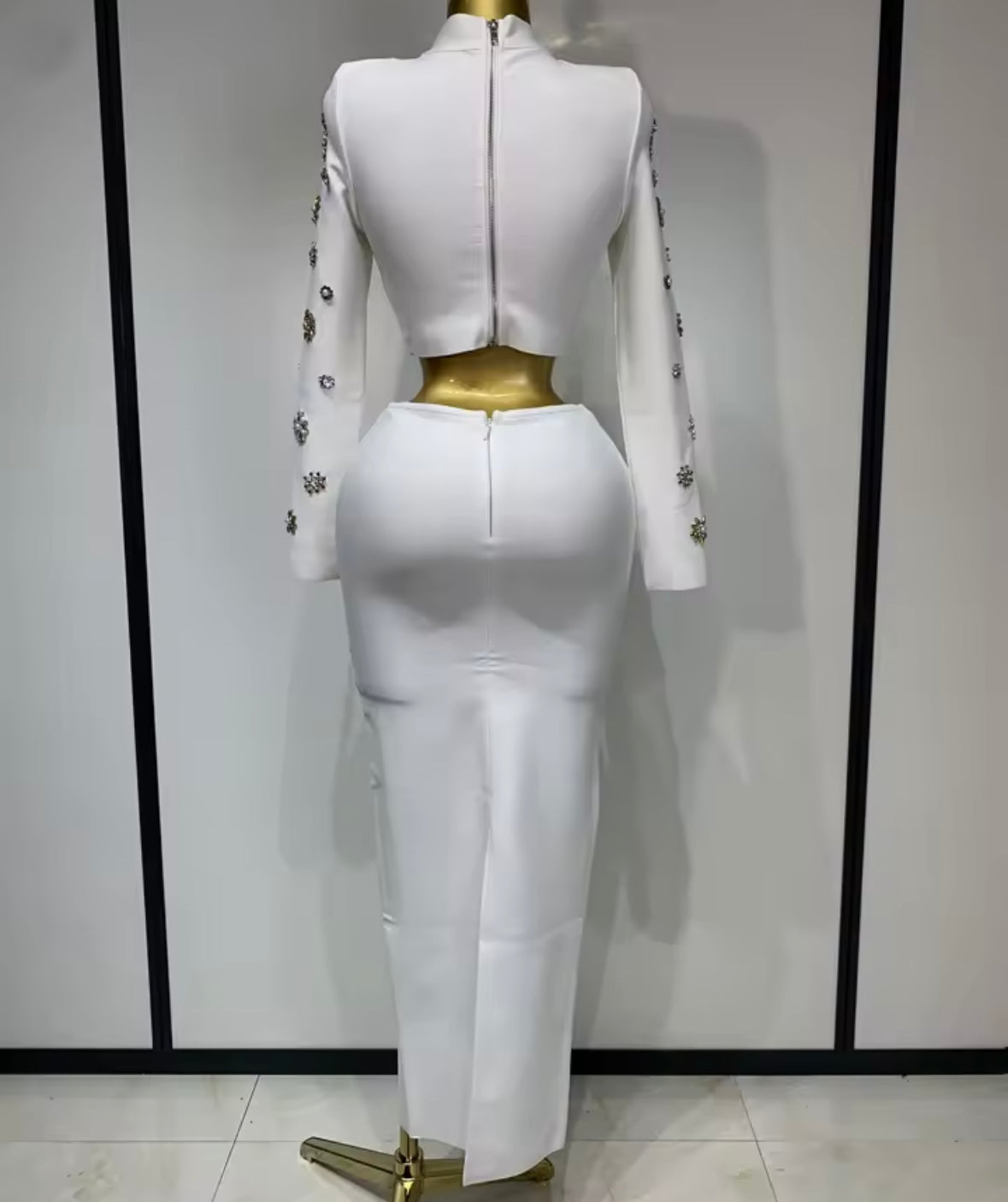 White Elegant Rhinestone Pearl Flower Two Piece Skirt Set