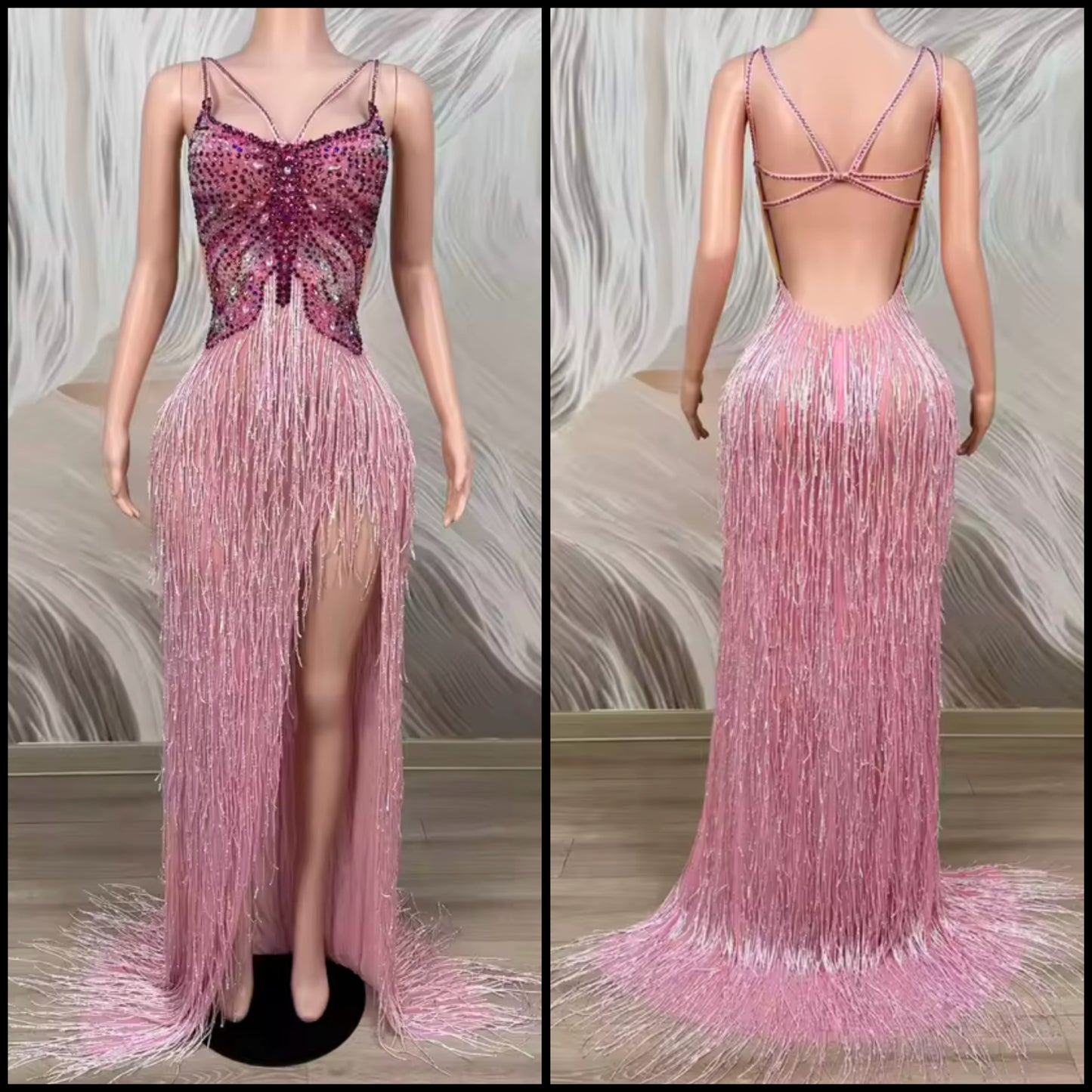 Pink Sleeveless Rhinestone Sexy Fringe Front Split Maxi Dress