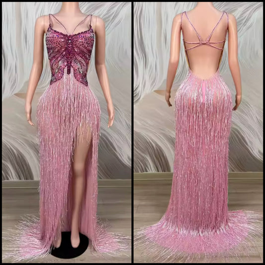 Pink Sleeveless Rhinestone Sexy Fringe Front Split Maxi Dress